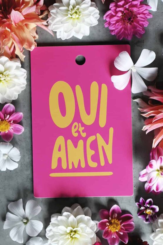 Skärbräda i rosa och gult: Oui et Amen