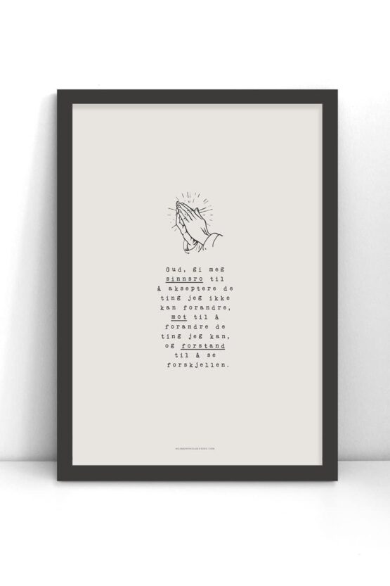 Poster på norska och bedjande händer: Gud, gi meg sinnsro