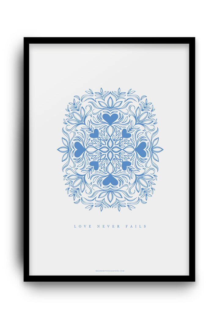 Poster med blått motiv: Love never fails